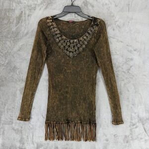 T-Party Womens Mineral Wash Fringe Embellished‎ Ribbed Top Brown L 4S35791